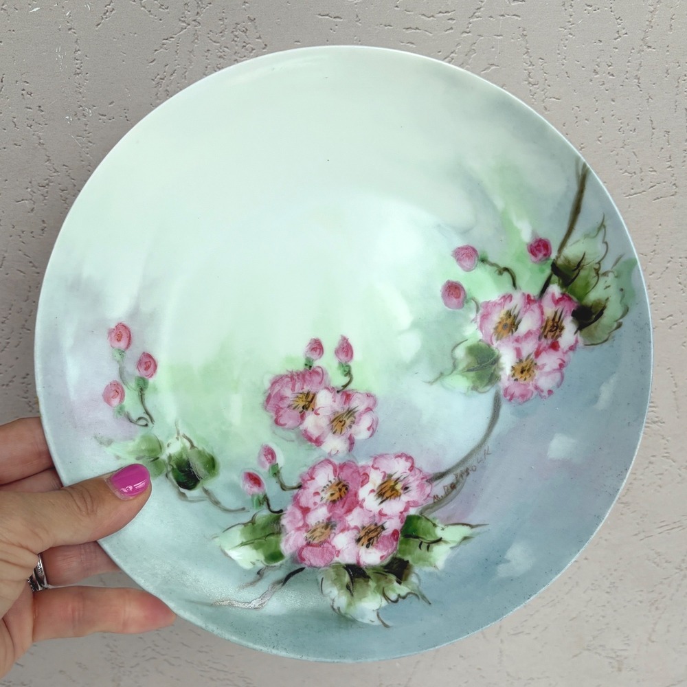 Antique Silesia Hand Painted Porcelain Plate Pink Wild Roses Artist Signed 8.5in